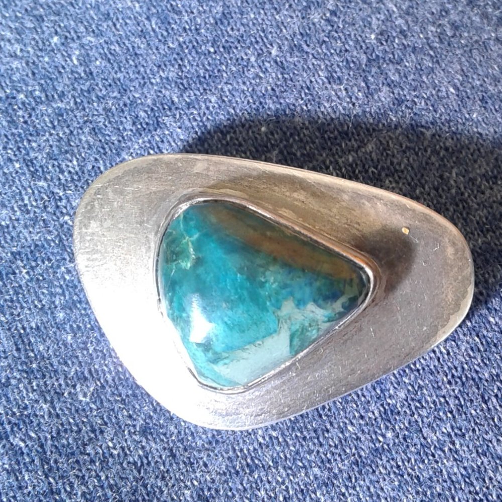 Vintage Sterling Green Agate Stone Pendant / Brooch